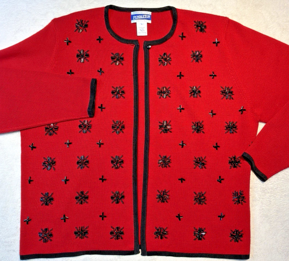 Vintage Pendleton Beaded Wool Cardigan Red Black Evening Holiday Sweater Sz Lg